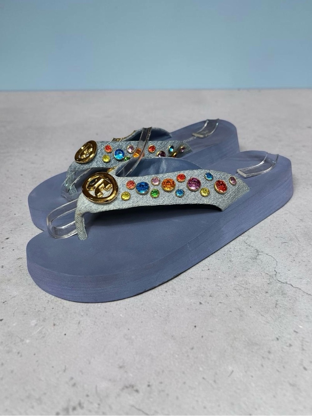 🌻Jeffrey Campbell Iconic AS Sandals Blue Denim Flip Flop Metal Bit Size 9